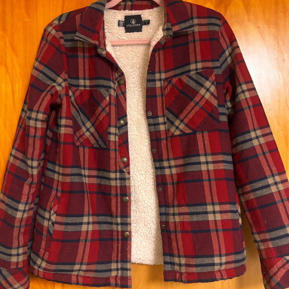 Volcom Women's Red Plaid Jacket with Sherpa Lining